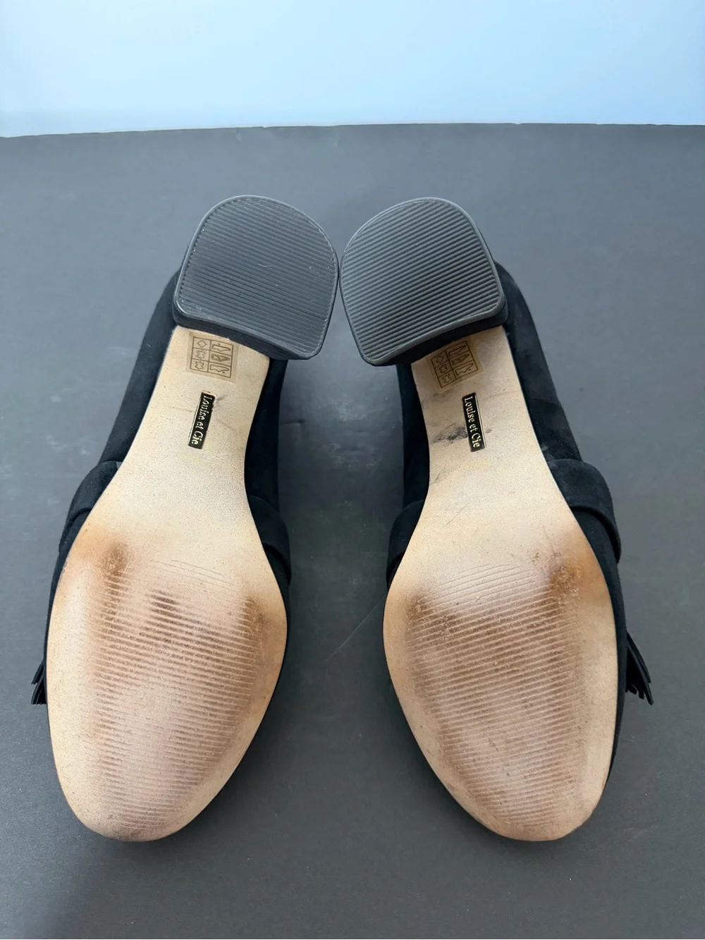 Louise et Cie Black Suede Pearl-Buckle Fringe Pumps